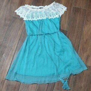 Ryu Anthropologie S blue teal lace collar beaded jewel flirty tassel dress